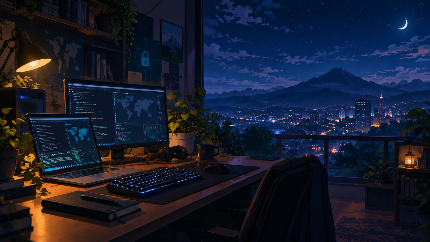 Night desk overlooking a city and mountain